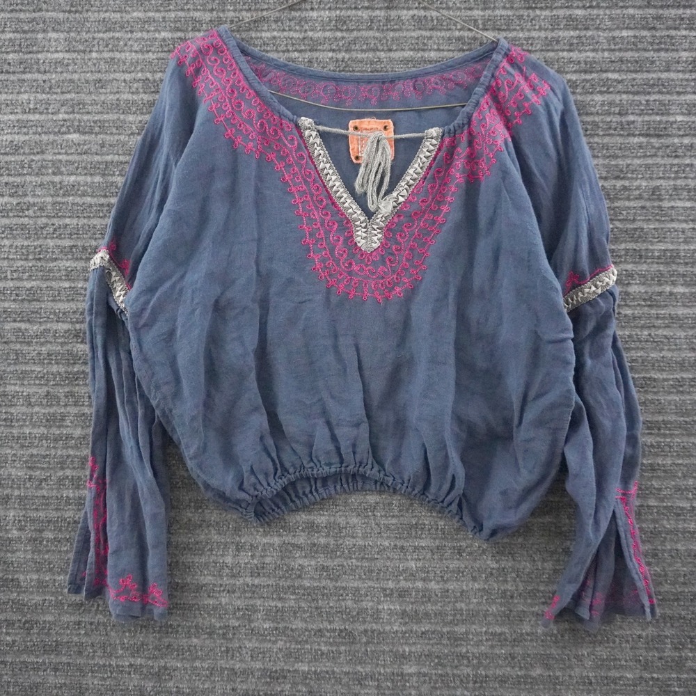 Vintage Free People Peasant Blouse Medium Blue Pink Embroidered Boho Crop Top